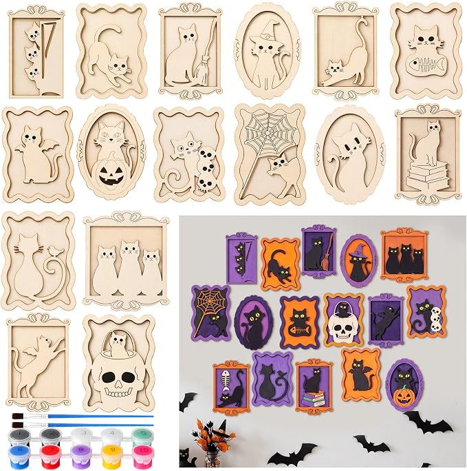 Silipull 16 Pack Halloween Wooden Black Cat Frame Decor Crafts Painting Kit - skull painting