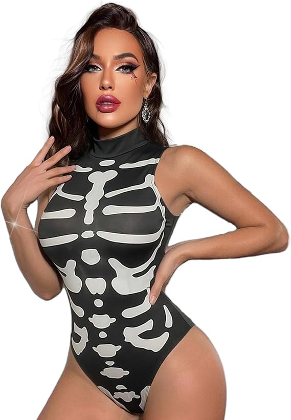 Womens Sexy One Piece Skeleton Bodysuit Top Sexy Halloween Costume - skull swimsuit