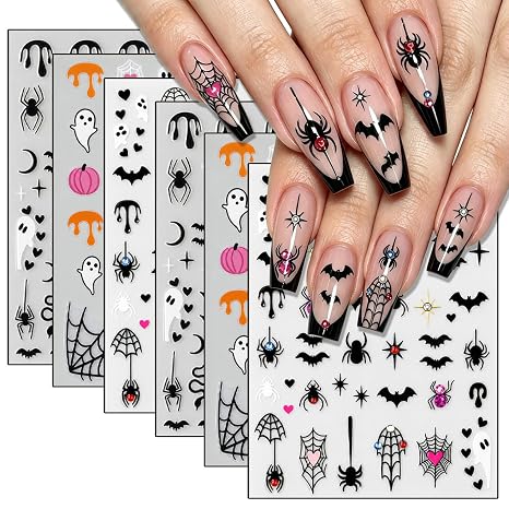 6 Sheets Halloween Nail Stickers Ghost Bat Spider Nail Decals 3D Self-Adhesive Spider Web Spooky Snake Spider Web Nails Art Stickers Design Gothic Nails Art Supplies for Holiday DIY Manicure Decor - skull sticker