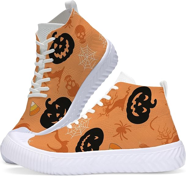 Women's Fashion Casual Sneakers Halloween Ghost Bat Pumpkin Print Breathable High Top Knit Shoes - sugar skull boots