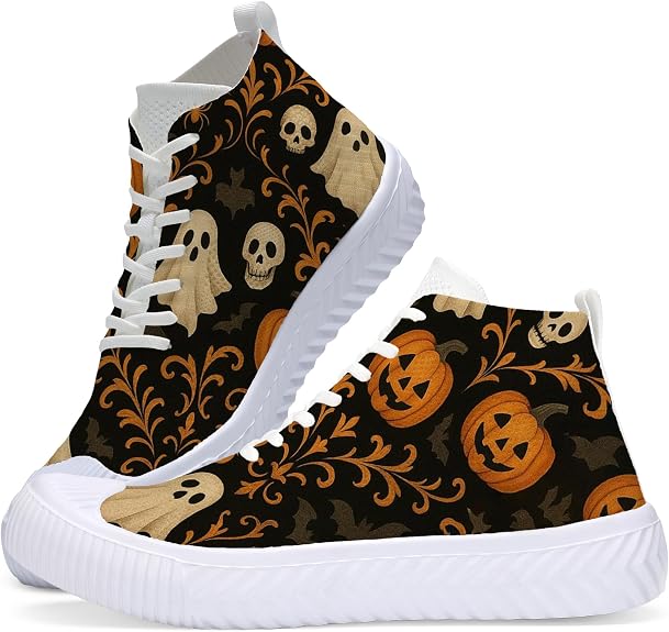 Women's Fashion Casual Sneakers Retro Halloween Pumpkin Pattern Breathable High Top Knit Shoes - sugar skull boots