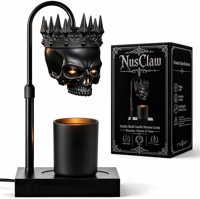 Skull Candle Warmer Lamp with Timer & Dimmer, Gothic Skull Wax Warmer for Jar Candles, Adjustable Height, Flameless Safe, Includes 2 Bulbs, Black Goth Halloween Home Decor Gift (Matte Black) - skull lamp