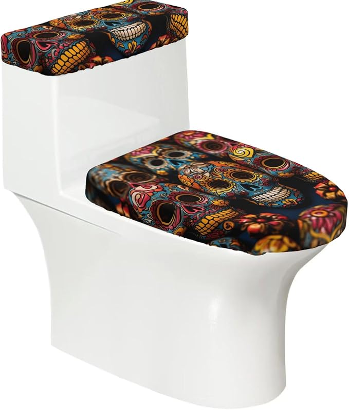 2 Pcs Toilet Lid Cover And Toilet Tank Lid Cover Washable Toilet Cover - skull toilet rug