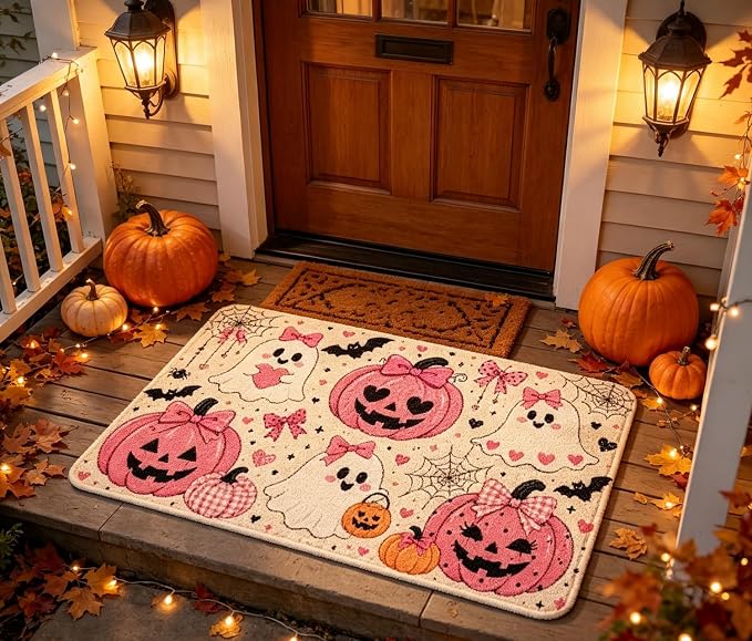 GRITOSE 19 * 31inch Cute Halloween Door Mat Pink Ghost Pumpkin desigsn for Home Decor，Non Slip Terrace Rug，Bathroom Bedroom Floor Mat，Halloween Party Supplies - skull toilet mat