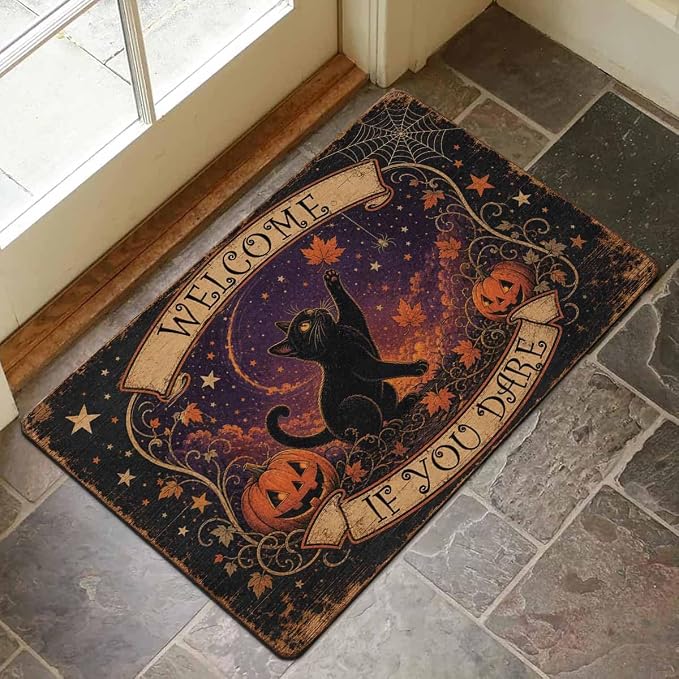Black Cat Welcome Doormat 30x18in Halloween Door Outdoor Mat - skull door mat