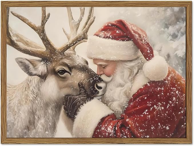 Christmas Santa and Reindeer Wall Art Vintage Holiday Decor 24x16 in Framed - skull painting