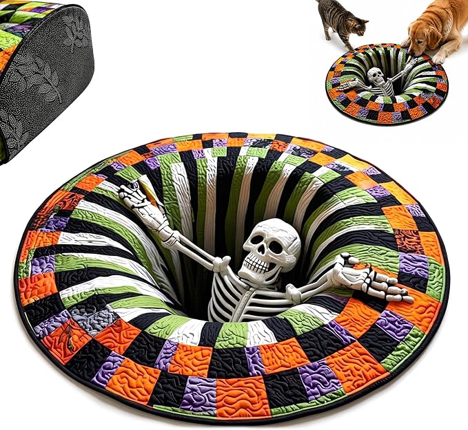 3D Halloween Rugs, Spooky Optical Illusion Skeleton Vortex Round Mat, Horror Depth Design for Haunted House & Party, Soft Crystal Velvet with Non-Slip Bottom, Durable Modern Home Décor