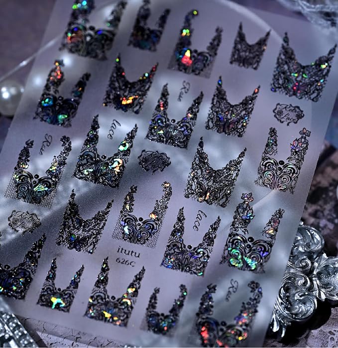 5D Elegant Embossed Black Lace Nail Stickers Lace French Nail Art Stickers Self-Adhesive Laces Gothic Floral Nail Supplies French Nail Decals for Women Manicure Decorations Accessories Supply 1Sheet - skull sticker