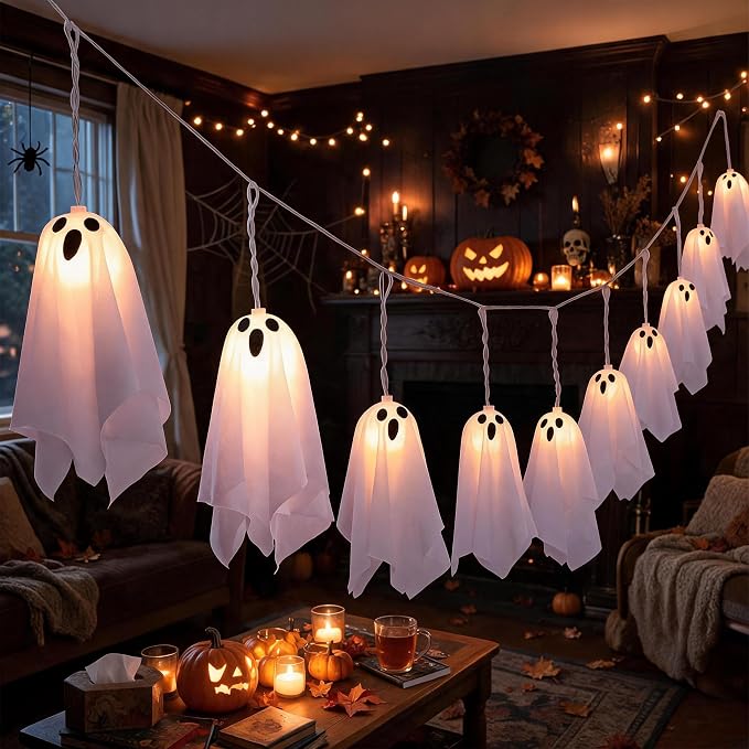 Halloween Ghost String Lights, Cute White Ghost LED Hanging Lights, Battery Operated Halloween Decorations for Indoor Fireplace Mantel Window Party Home Decor - string light