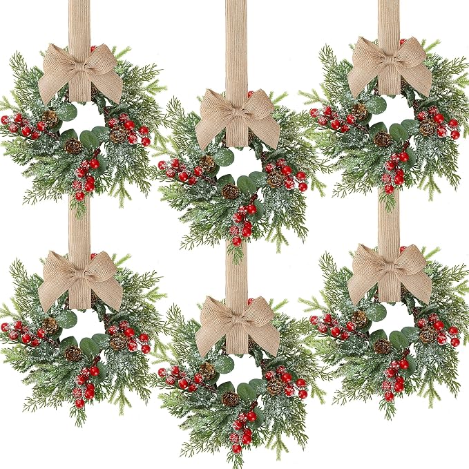 Sggvecsy 6 Pcs Christmas Mini Cabinet Wreaths with Norfolk Pine Burlap Bows - skull wreath