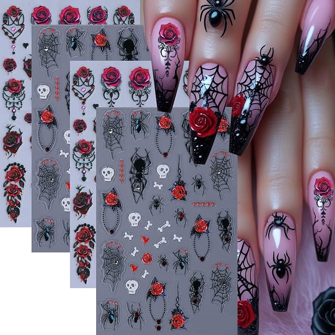 Red Black Halloween Nail Art Stickers 5D Self Adhesive Rose Skull Spider Web Nail Stickers Red Roses Spider with Rhinestones Nail Decals Halloween Holiday Nails Art Decor for Women Manicure 4 Sheet - skull sticker
