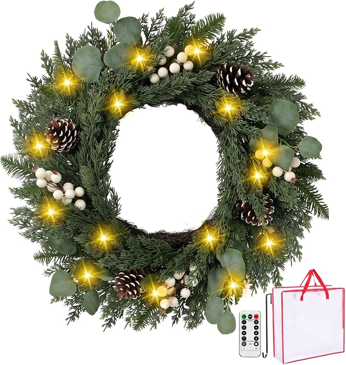 24''Christmas Wreath with Lights, Pre-Lit Wreath for Front Door Holiday Dec - skull wreath