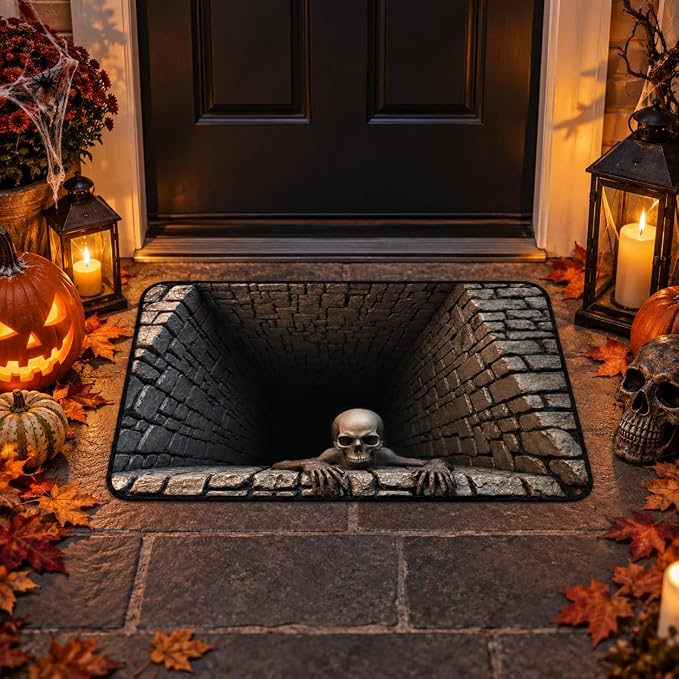 Halloween 3D Optical Illusion Rug, Brick Bottomless Area Mat, Novelty Ghost Skeleton 3D Optical Illusion Rugs, Horror Scary Non-Skid Quick Dry for Bathroom Bedroom (Gray-23.62X15.75IN) - skull toilet mat