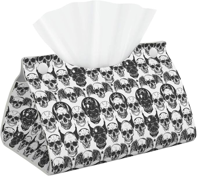Skulls and Demon Wings Print Tissue Box Cover Holder Long Leather Tissue Cube Box 7.9"X4.9"X4.5" Modern Tissue Case for Bathroom, Home Office Decor - skull toilet paper