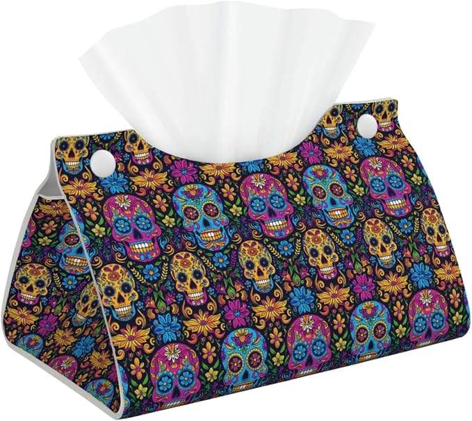 Skull in Flowers a Print Tissue Box Cover Holder Long Leather Tissue Cube Box 7.9"X4.9"X4.5" Modern Tissue Case for Bathroom, Home Office Decor - skull toilet paper