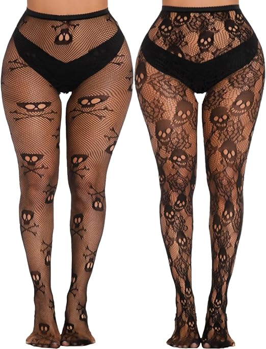 2 Pairs Halloween Tights Fishnet Stocking for Women - skull leggings