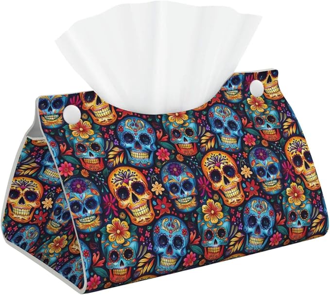 Skull in Flowers b Print Tissue Box Cover Holder Long Leather Tissue Cube Box 7.9"X4.9"X4.5" Modern Tissue Case for Bathroom, Home Office Decor - skull toilet paper