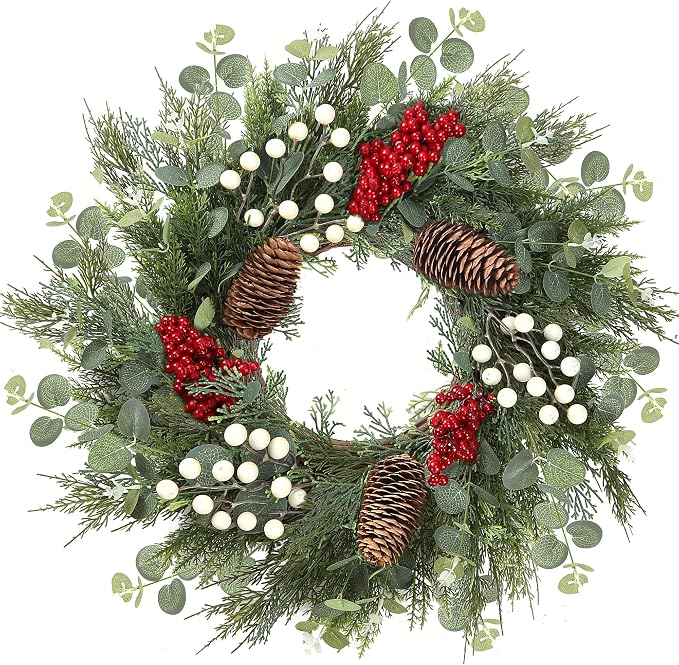 Sggvecsy 22 Inch Artificial Christmas Wreath for Front Door with Pinecones - skull wreath