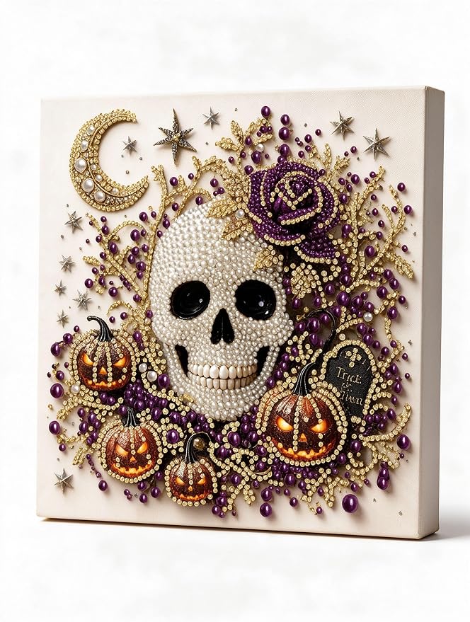 Pearl Diamond Painting Halloween Sugar Skull Purple Rose Pumpkin 9.8X9.8in - skull painting