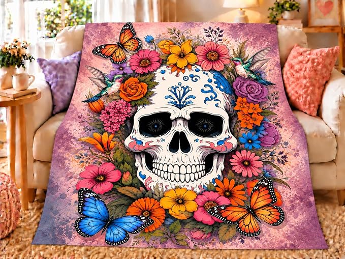 Skull Blanket Skull Throw Blanket, Super Soft Cozy Plush Flannel Fleece, Skulls Gift for Girls Kids Women, Warm Lightweight Blanket for Bed Sofa Couch, 60" x 50" - skull blanket