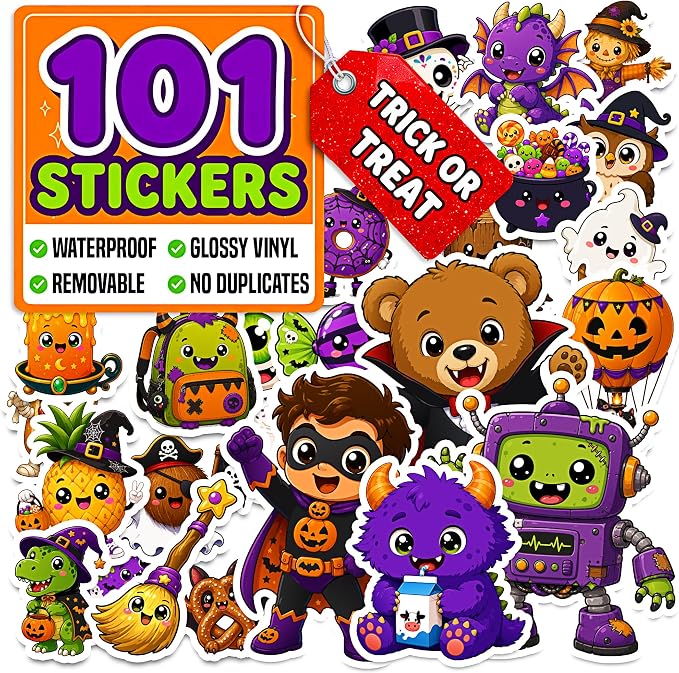 Halloween Stickers 101 PCS, Halloween Vinyl Sticker Waterproof Cute Sticker - skull sticker