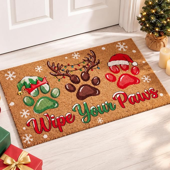 Christmas Door Mat, 30×17 Inch Faux Coir Cute Paw