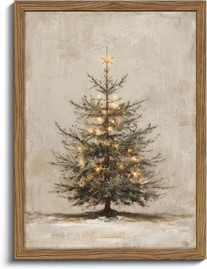 Wood Framed Christmas Tree Wall Art, Vintage Holiday Wall Decor, Lighted Evergreen Pine Canvas Print, Neutral Winter Picture Painting Poster for Living Room Bedroom Entryway Home – 12x16in - skull painting