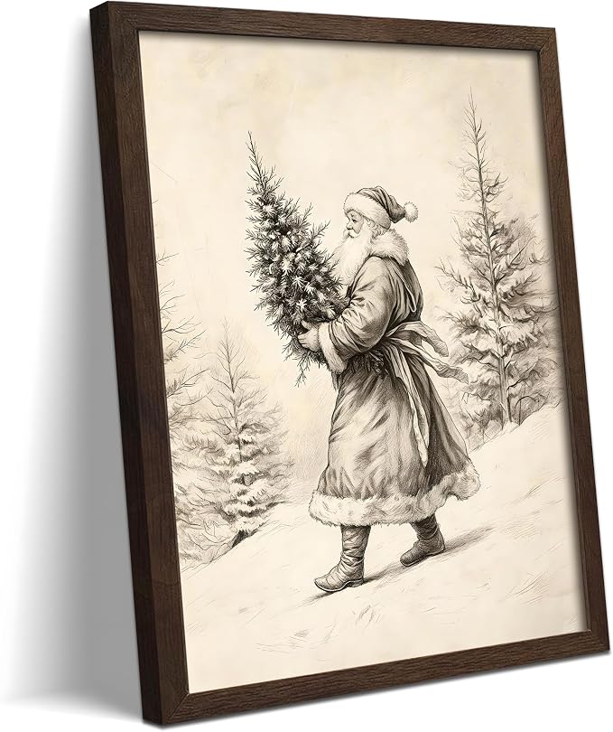 Vintage Framed Santa Claus Wall Art, Black and White Santa Carrying Christmas Tree Canvas Print, Rustic Winter Forest Sketch Christmas Poster for Living Room Bedroom Holiday Home Wall Decor 12x16 Inch - skull wall art