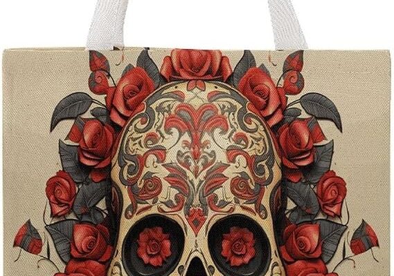 Red Rose Sugar Skull Handbag Shoulder Bag Canvas Tote Bag
