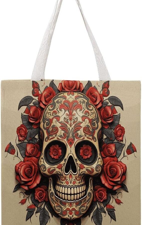 Red Rose Sugar Skull Handbag Shoulder Bag Canvas Tote Bag - sugar skull handbags for sale