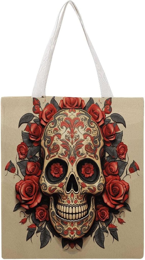 Red Rose Sugar Skull Handbag Shoulder Bag Canvas Tote Bag