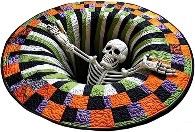 3D Halloween Rug, Novelty Ghost Skeleton 3D Optical Illusion Rugs Candy Corn Abyss Quilted Round Mat with Spooky Depth Design Crystal Velvet Soft & Durable Fabric Non-Slip - skull carpet