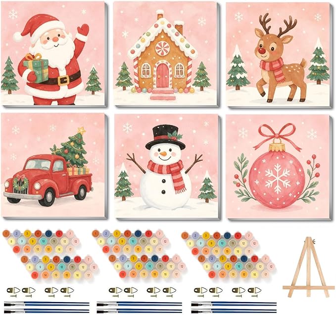 uuxsretaio 6 Pack Christmas Paint by Numbers Kit for Kids with Frame, Easy Paint by Number Kit for Beginner, DIY Acrylic Oil Painting Kits for Home Wall Decor 8x8 in - skull painting