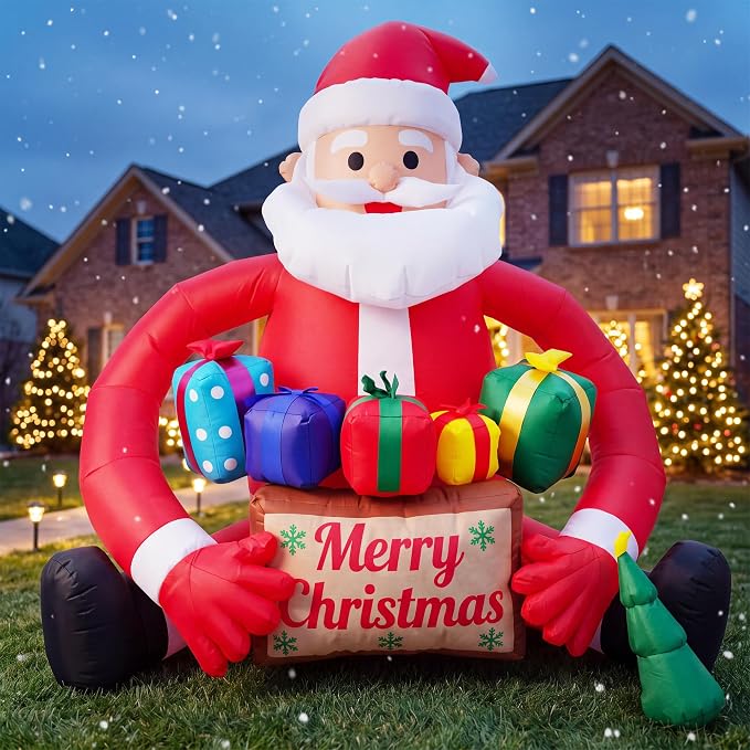 8FT Christmas Inflatable Santa Claus Outdoor Decorations, Giant Sitting Santa Holding Colorful Gifts with Built-in LED Lights, Christmas Blow Up Yard Decorations for Lawn, Garden, Holiday Party - skull inflatable
