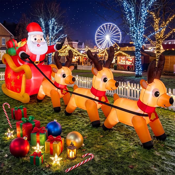 10FT Christmas Inflatable Santa Claus on Sleigh with 3 Reindeer, Giant Christmas Blow Up Outdoor Decorations with 8 LED Lights, Weather-Resistant Design for Yard, Lawn, Garden, Holiday - skull inflatable
