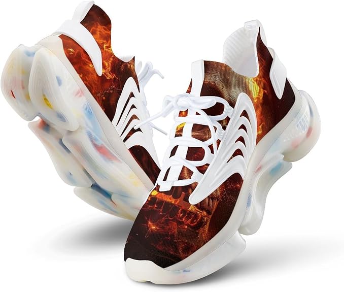 Red Flame Skull Men's Running Shoes Lightweight Breathable Sneakers with Knitted Mesh Upper - sugar skull boots