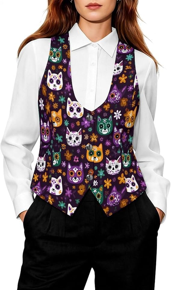 Cute Sugar Skull Cats Casual Women's Suit Vest Waistcoat 5X-Large - skull leggings