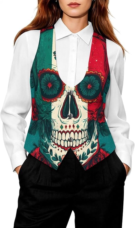 Mexico Sugar Skull Day Casual Women's Suit Vest Waistcoat 5X-Large - skull leggings