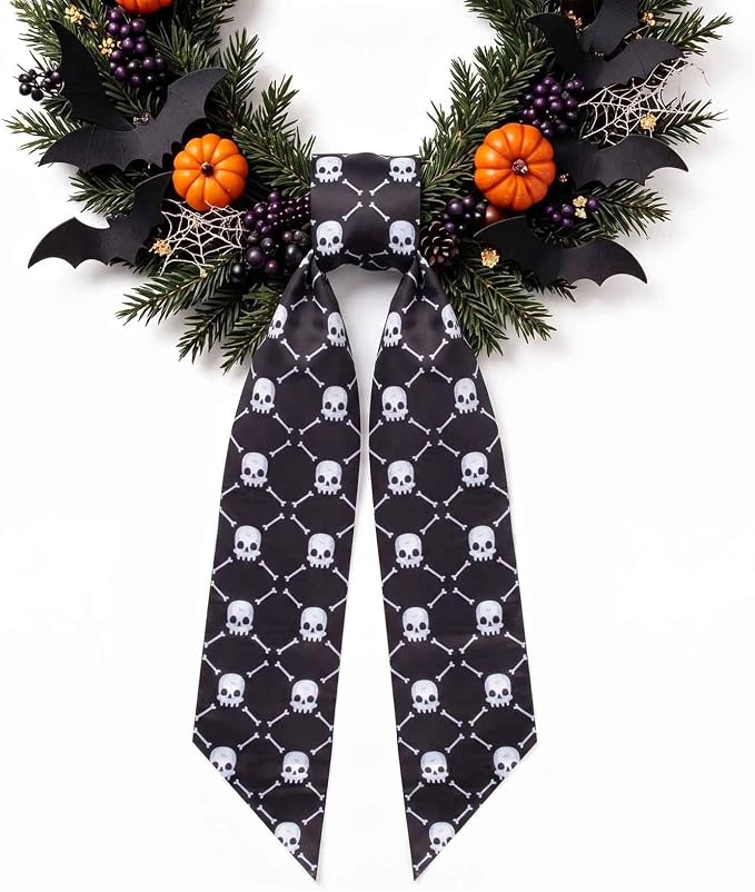 Halloween Skull Crossbones Wreath Sash for Front Door Black Ribbon Tie - skull wreath