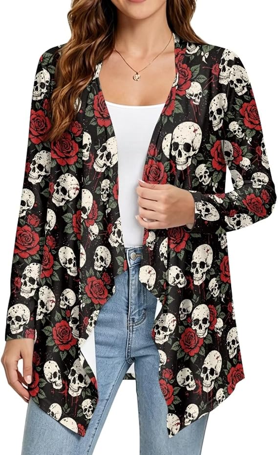Cardigans for Women Long Sleeve Knit Outerwear Plus Size S-2XL - skull jacket