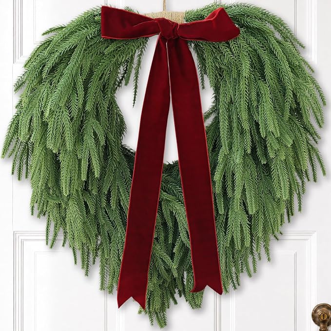Christmas Decorations 24"Heart Shaped Norfolk Pine Xmas Wreath with Red Bow - skull wreath