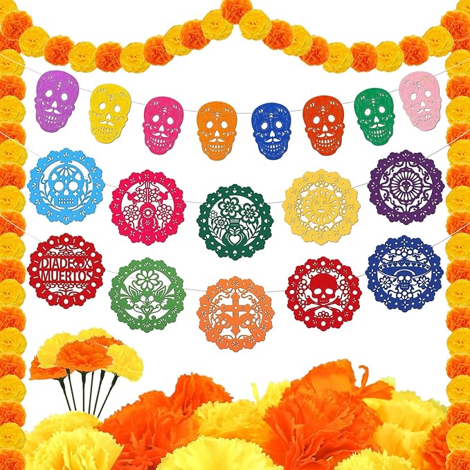 YVAINE Day of The Dead Altar Decorations Included Felt Papel Picado Banner Sugar Skull Garland Marigold Flowers for Dia De Los Muertos Ofrendas Alter Party Supplies