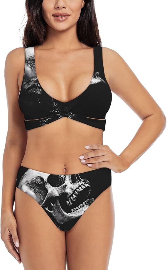 Women's Cross Front Bikini Set 2PCS High Stretch Removable Padded Swimsuit - skull swimsuit
