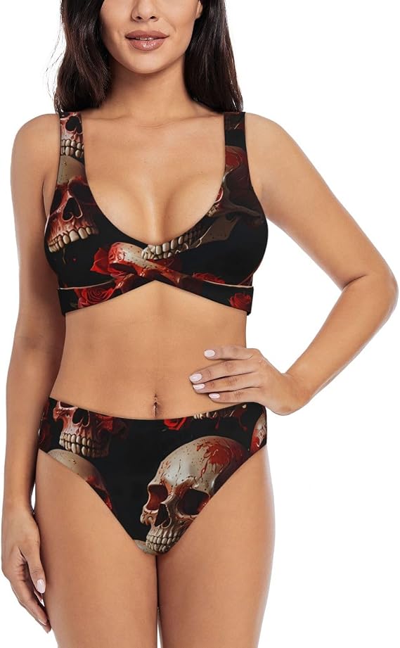 Women's Cross Front Bikini Set 2PCS High Stretch Removable Padded Swimsuit - skull swimsuit