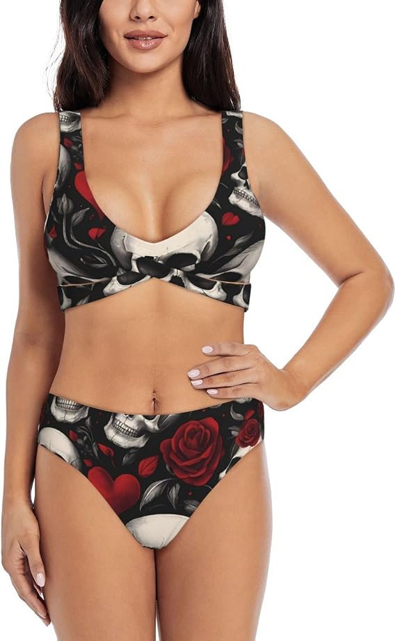 Women's Cross Front Bikini Set 2PCS High Stretch Removable Padded Swimsuit - skull swimsuit