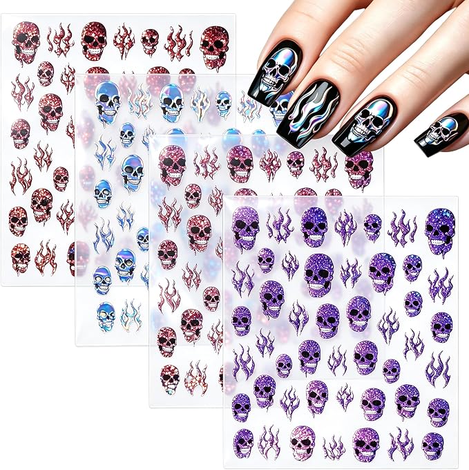 WOKOTO 4 Sheets Halloween Nail Stickers, Skull and Flame Pattern Nail Decals in Laser Silver Pink Purple & Red, 3D Self-Adhesive Gothic Punk Nail Art Stickers Decals for Women Nails Manicure DIY Use - skull sticker