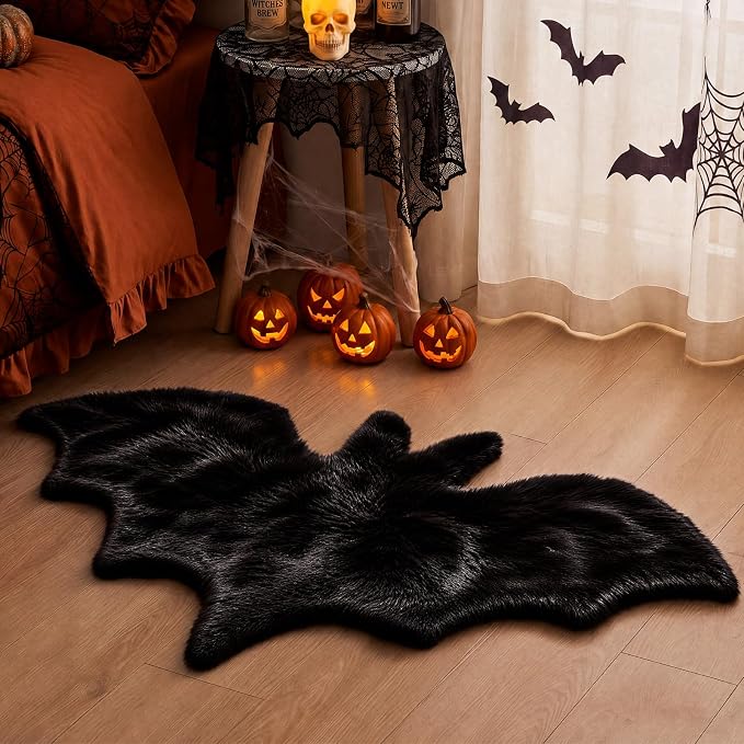 Tinideya Halloween Bat Rug 2x3 ft Bat Shaped Area Rug for Room Floor Decor - skull carpet