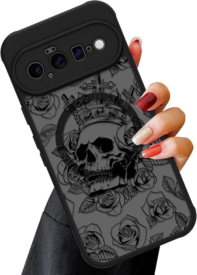 Magnetic Case for for Google Pixel 11 Case Black Skull Flower - Skull phone case