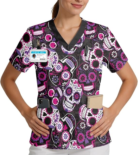 Printed Scrub Top for Women, V Neck Plus Size Work Uniform - skull tshirt