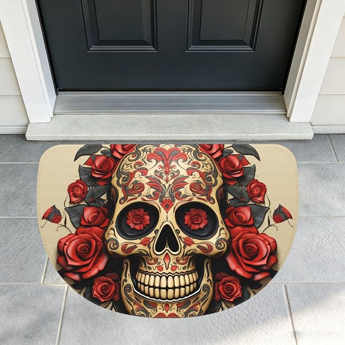 Dirt Trapper Door Mat Half Circle Front Doormat Low Profile Non Slip Rugs - skull toilet mat